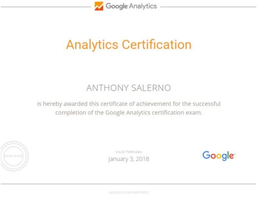 Google Analytics Certification 2017 - Anthony Salerno Digital Marketing Expert