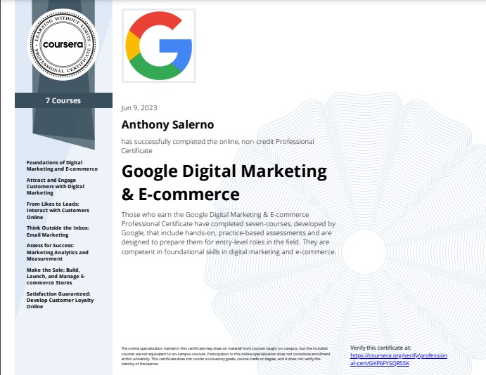 Google Digital Marketing and Ecommerce Certification - Anthony Salerno Digital Marketing Expert